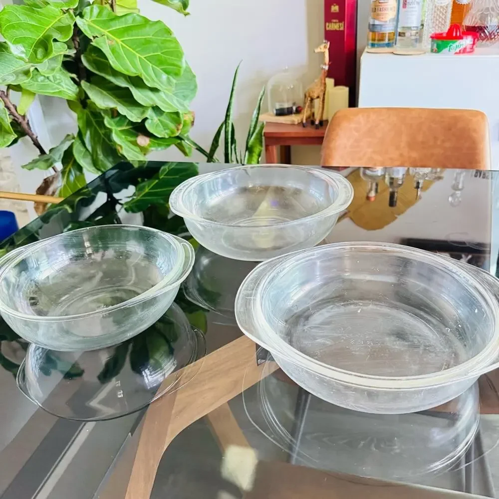 3 VINTAGE PYREX Clear Glass Casserole Mixing Bowl Baking Dish Cookware USA